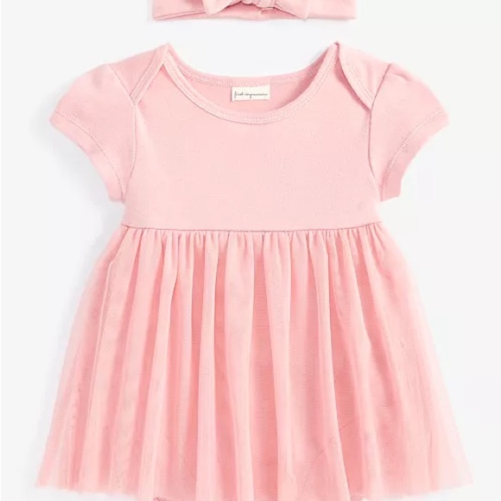 NWT First Impressions Pink Tulle Baby One-Piece Dress with Headband 6mo